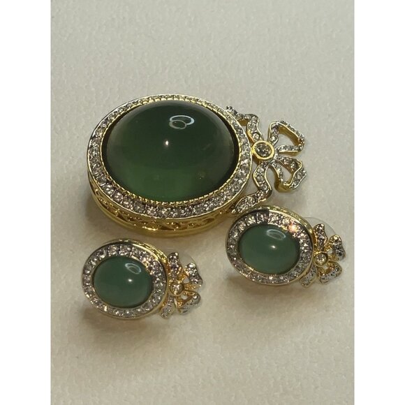 JOAN RIVERS Green Egg Shape Rhinestone Bow Gold-Tone Brooch Earrings Rare Set - Picture 15 of 16